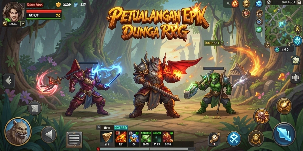 Screenshot utama 555F menunjukkan aksi pertempuran seru dan grafik RPG yang menarik.
