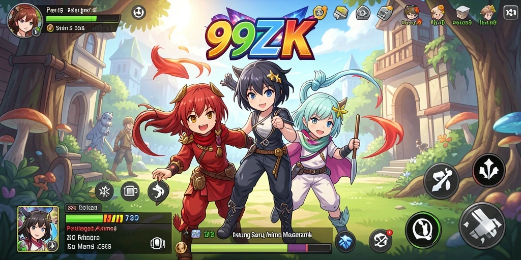 Screenshot utama 99ZK menunjukkan karakter anime dalam aksi yang penuh warna.