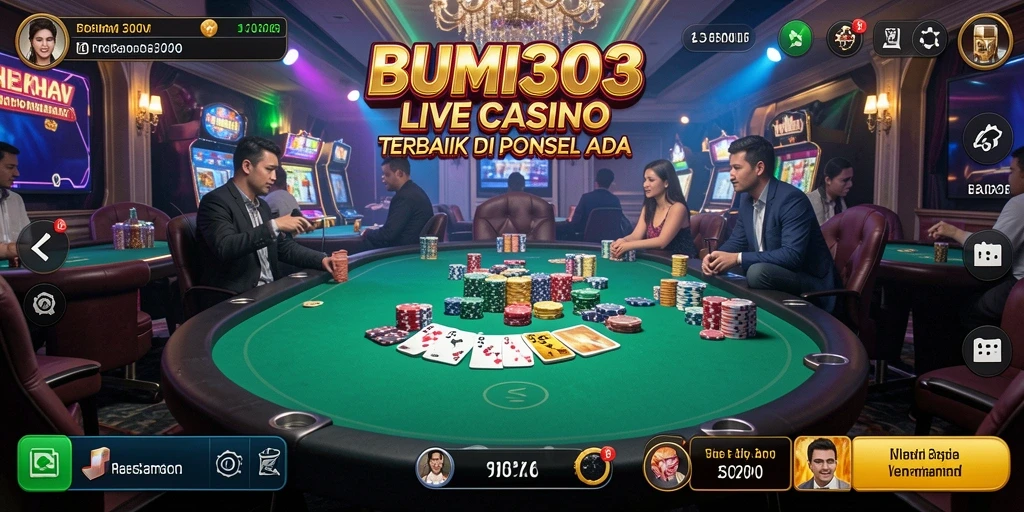 Screenshot BUMI303 menampilkan dealer langsung dalam suasana kasino yang autentik.