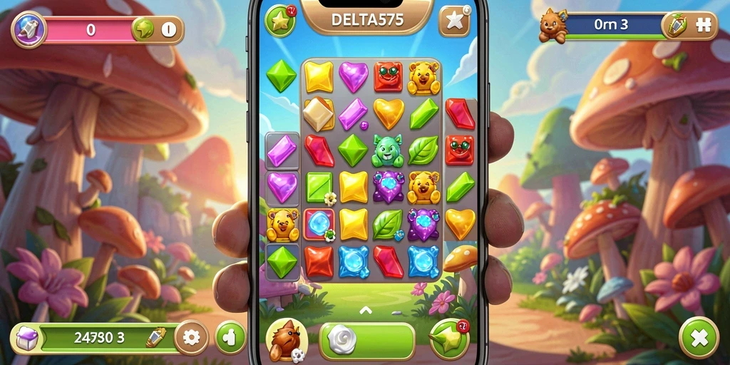 Gameplay seru DELTA575 dalam mencocokkan blok warna-warni.