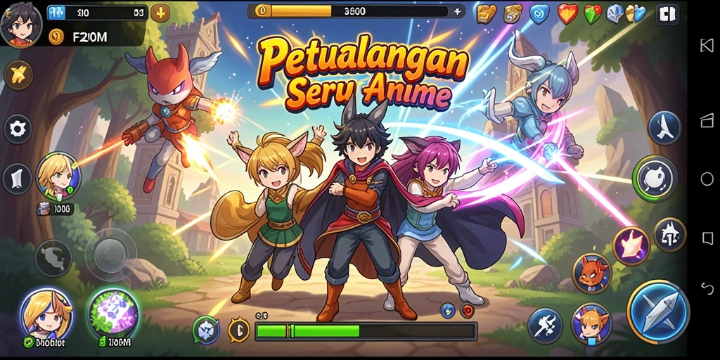 Tampilan gameplay F200M yang menampilkan aksi karakter anime.