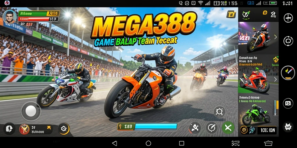 Tangkapan layar utama menunjukkan aksi balapan mendebarkan di MEGA388.