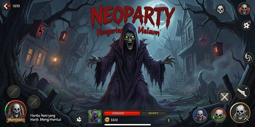 Tampilan gameplay menakutkan dalam NEOPARTY dengan suasana gelap dan misterius.