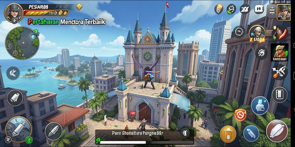 Screenshot utama menunjukkan pertempuran seru dalam gameplay Tower Defense.