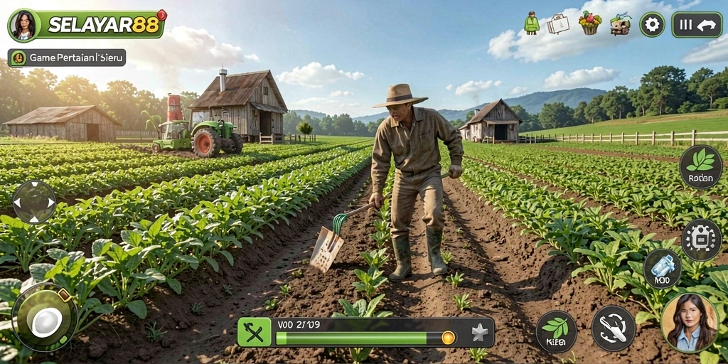 Tangkapan layar gameplay <strong>SELAYAR88</strong> menunjukkan aktivitas bertani yang interaktif dan menarik.