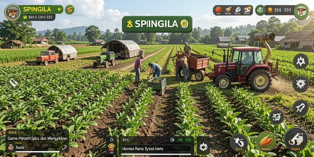 Gameplay SPINGILA menampilkan kebun yang subur dan berbagai aktivitas pertanian.