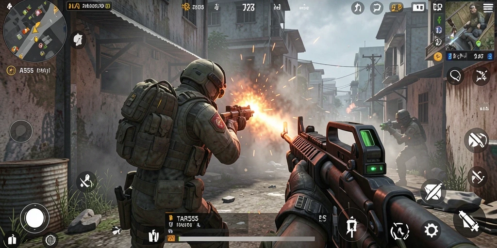 Gameplay TAR555 menampilkan pertempuran FPS yang menegangkan.