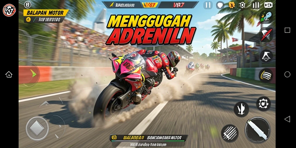 Screenshot menunjukkan aksi balapan motor yang intens di V87.